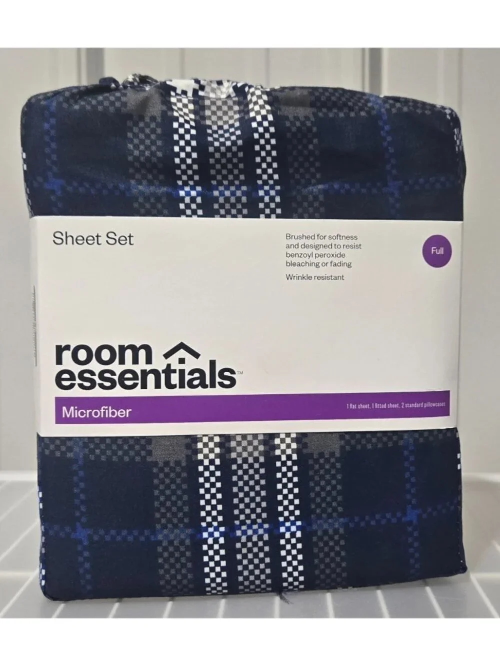 Full Size 4 Piece Sheet Set Room Essentials Blue Digital Plaid Design Microfiber